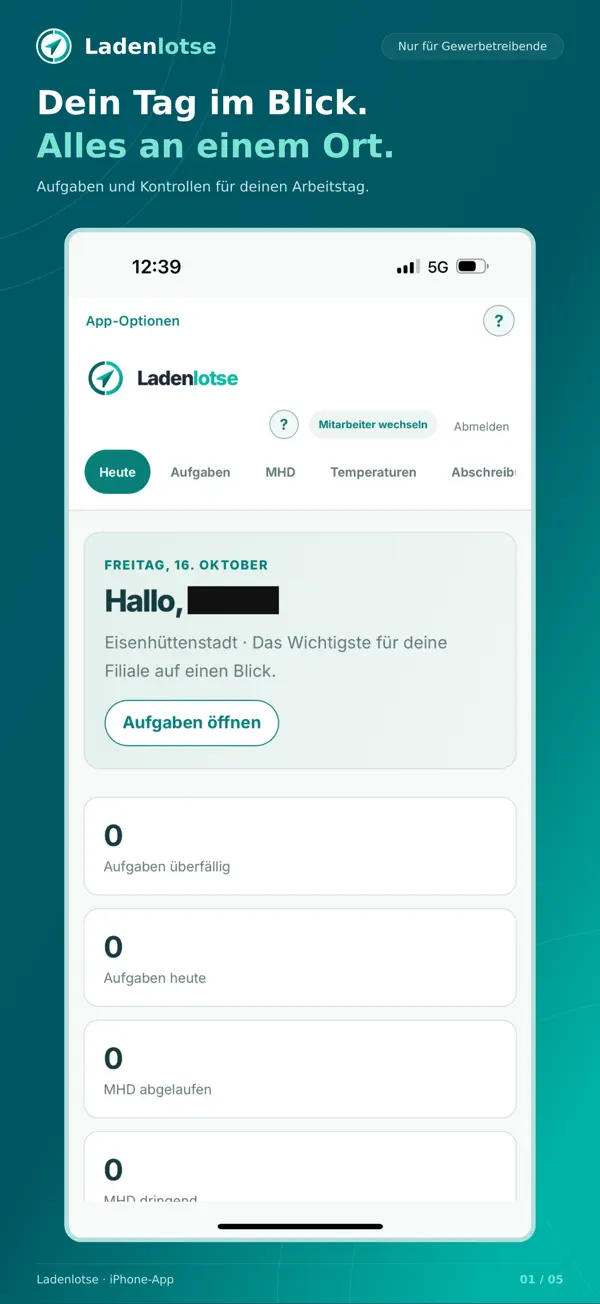 Ladenlotse auf dem iPhone: Tagesübersicht mit Aufgaben und MHD-Kontrollen
